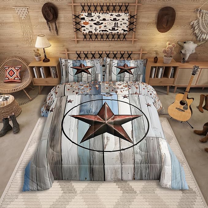 Erosebridal Western Texas Star Comforter Set, Rustic Farmhouse Bedding Set King Size, Retro Cowboy Quilt for Kids Teens Adult Men Bedroom, Country Wooden Door Duvet Insert Western Home Decor