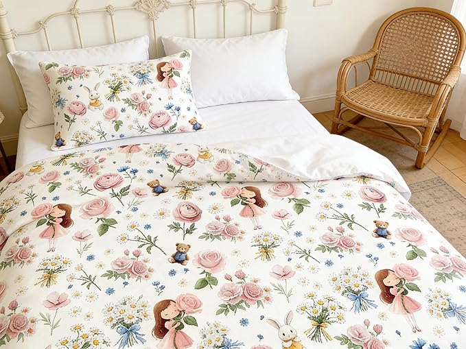 Girls Priness Comforter Set Kids 5Pcs Twin Size Bed in A Bag Pink Botanical Rose Bedding with Rabbit Bear Pattern, 1 Quilted Comforter(68"x86")&2 Pillowcase&1 Flat Sheet &1 Fitted Sheet