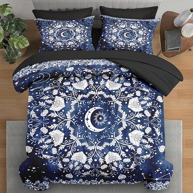 Comforter Set Full Size, Astrology Sun Moon 7 Pcs Bedding for Kids and Adults, Blue Starry Flower Bed Sheet Sets with Fitted Sheet 2 Pillowcases & 2 Shams for Bedroom Bed Decor