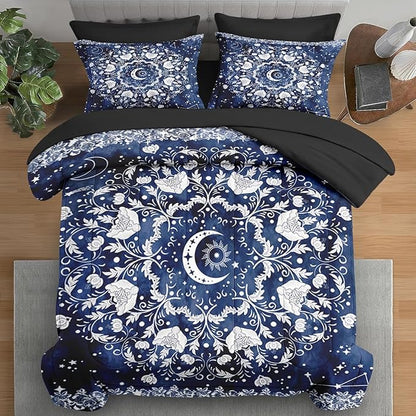 Comforter Set Twin Size, Astrology Sun Moon 5 Pcs Bedding for Kids and Adults, Blue Starry Flower Bed Sheet Sets with Fitted Sheet Pillowcase & Sham for Bedroom Bed Decor