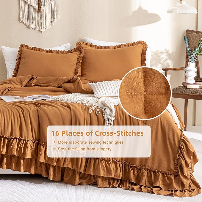 Masaca Pumpkin Farmhouse King Size Comforter Set,Shabby Boho Chic Bedding Ruffled King Bed Comforter Vintage Rustic Burnt Orange Bedding Sets 3 Pieces (1 Ruffle Comforter and 2 Pillowcases)