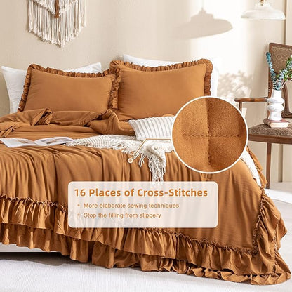 Masaca Pumpkin Farmhouse King Size Comforter Set,Shabby Boho Chic Bedding Ruffled King Bed Comforter Vintage Rustic Burnt Orange Bedding Sets 3 Pieces (1 Ruffle Comforter and 2 Pillowcases)