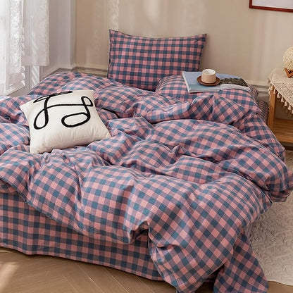 HighBuy Full Size Comforter Set Purple Gingham Bedding Set 3 Pieces for All Season,Modern Chic Plaid Checkered Pattern Comforter Set Breathable Fluffy,Plaid Grid Comforter with 2 Pillowcases