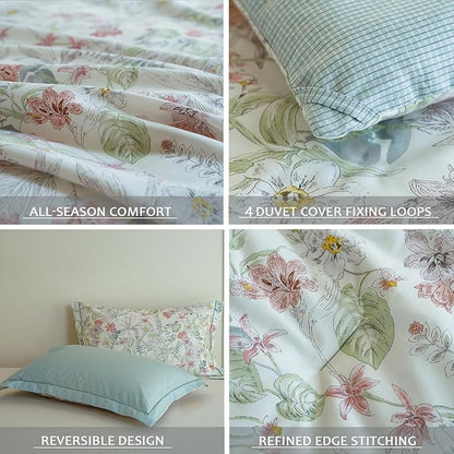 Cotton King Size Comforter Set, 3Pcs Flower Print Botanical Comforter for All Seasons, Luxury Warmth Comfy Breathable Bedding Set with 1 Lightweight Comforter and 2 Pillow Shams