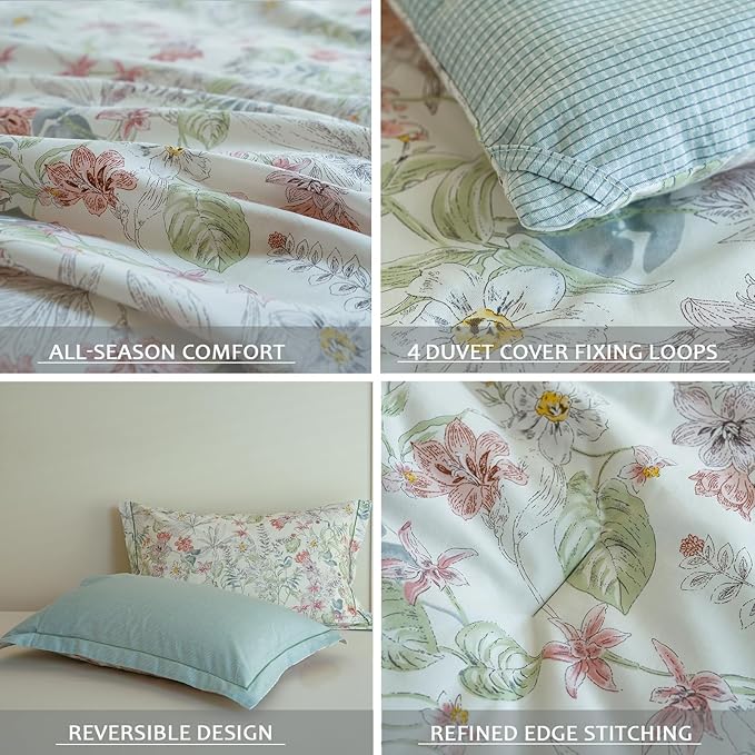Cotton Queen Size Comforter Set, 3Pcs Flower Print Botanical Comforter for All Seasons, Luxury Warmth Comfy Breathable Bedding Set with 1 Lightweight Comforter and 2 Pillow Shams