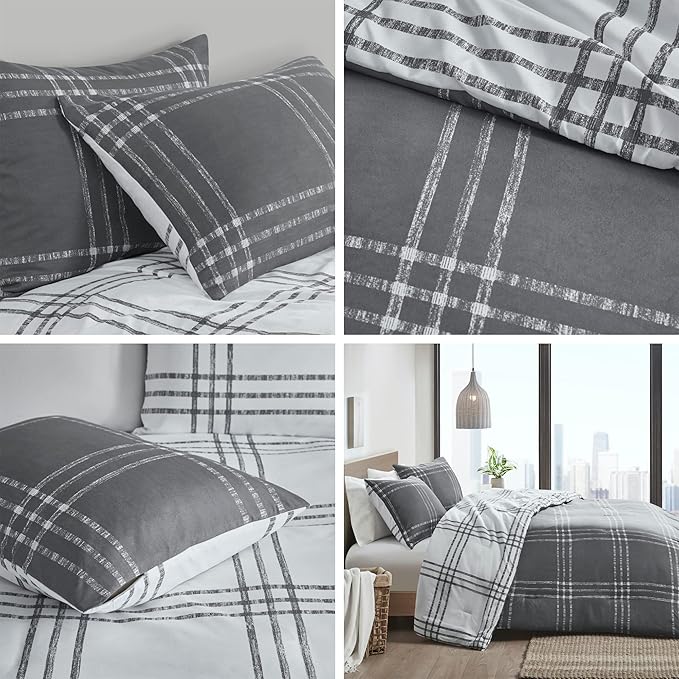 Intelligent Design Pike Reversible Comforter Set, Cottage Plaid Print, Modern Cabin Lifestyle, Down Alternative, All Season Bedding with Matching Sham, Twin/Twin XL White/Grey 2 Piece