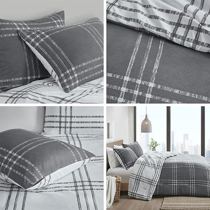 Intelligent Design Pike Reversible Comforter Set, Cottage Plaid Print, Modern Cabin Lifestyle, Down Alternative, All Season Bedding with Matching Sham, Twin/Twin XL White/Grey 2 Piece