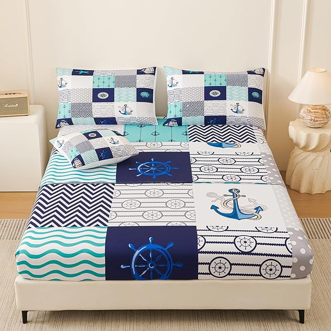 Namoxpa6 Pieces Sea Ocean Comforter Sets,3D Blue Pattern,Decorative 6 Piece Bedding Sets with Comforter,Flat Sheet,Fitted Sheet,Throw Pillow Cover,Pillow Shams,Queen Size