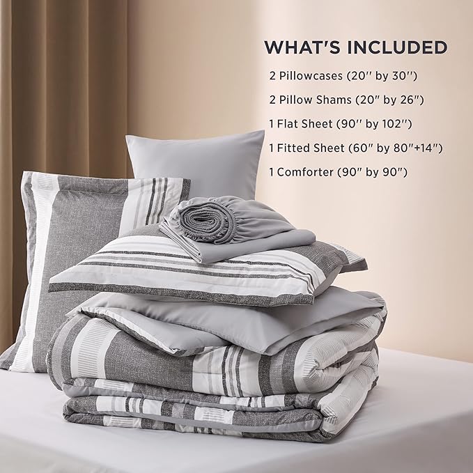 Bedsure Queen Comforter Set 7 Pieces, Frost Grey Striped Bedding Set for All Seasons, Reversible, Cationic Dyeing Bed in a Bag with Comforter, Sheets, Pillowcases & Shams