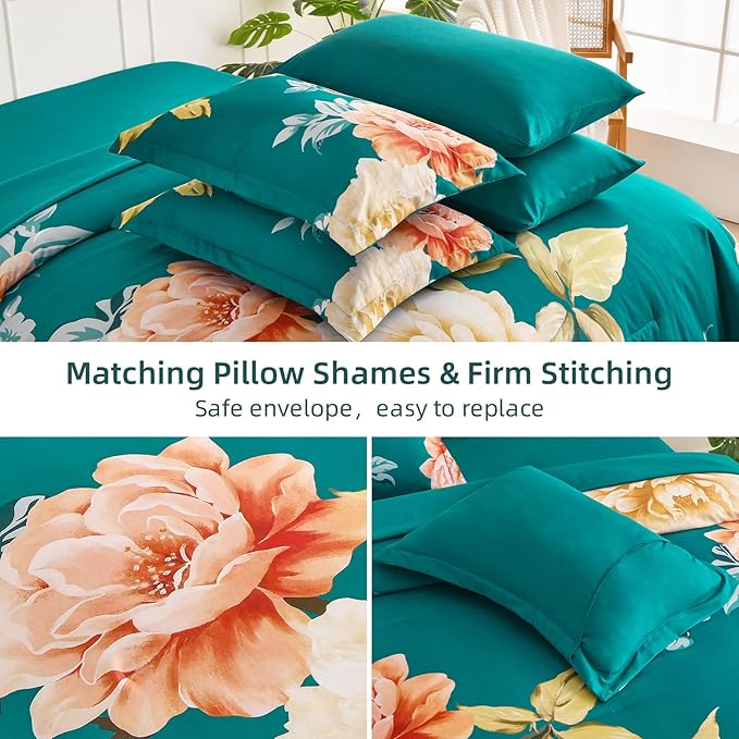 Drucon Floral Comforter Set King Size 7 Pieces Bed in a Bag, Teal Blue Floral Bedding Set, Soft Microfiber Comforter and Sheet Set for All Season (King, 104"x90")
