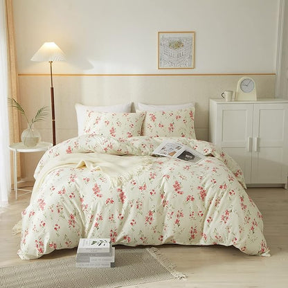 mixinni 3 Pieces Full Comforter Set, Boho Red Floral Printed Bed Comforter, Soft Fluffy Cottagecore Garden Style Flower and Green Leaf Bedding Set with 2 Pillowcases-Full Size