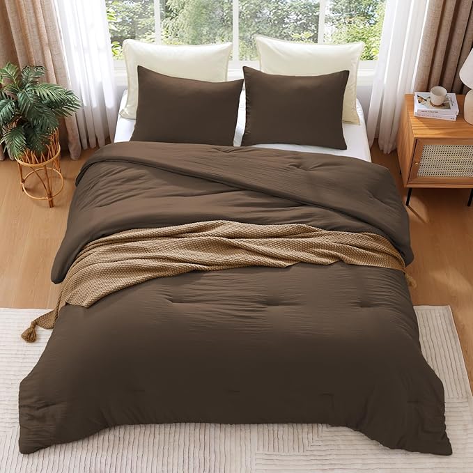 WRENSONGE Queen Comforter Set - 3 Pieces Prewashed Chocolate Brown Comforter Soft Lightweight for All Seasons,Down Alternative Comforters Queen Size with 2 Pillow Shams
