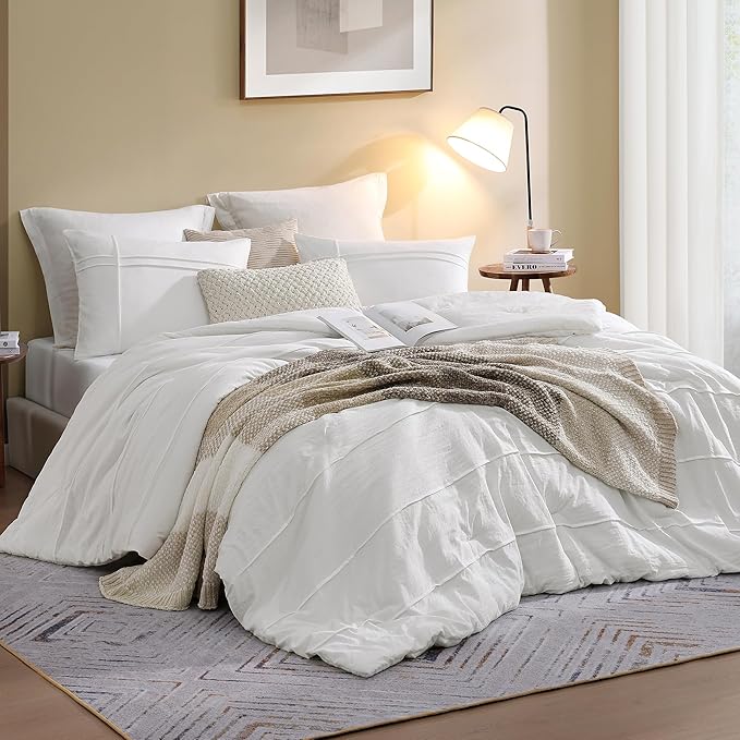 Boho King Size Comforter Set, White Pinch Pleat King Size Bed Set, 3 Piece Bedding Set, Warm Fluffy King Bed Set(White,102"*90")