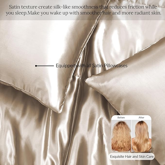 Whale Flotilla 3-Piece Reversible Silky Soft King Size Comforter Bedding Set, Luxurious Satin Comforters Oversized with 2 Satin Pillowcases, Lightweight Duvet for All Seasons, Champagne