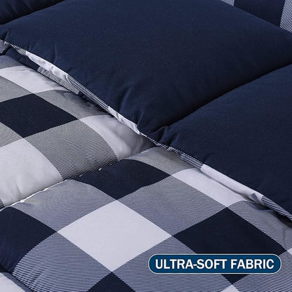 downluxe Lightweight Plaid Comforter Set (King) with 2 Pillow Shams - 3-Piece Set - Blue/White Plaid - Down Alternative Reversible Comforter