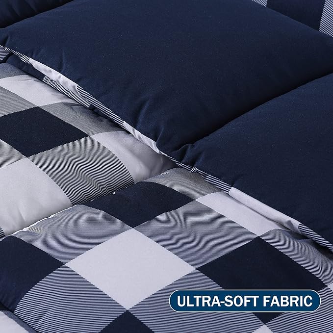 downluxe Lightweight Plaid Comforter Set (Queen) with 2 Pillow Shams - 3-Piece Set - Blue/White Plaid - Down Alternative Reversible Comforter