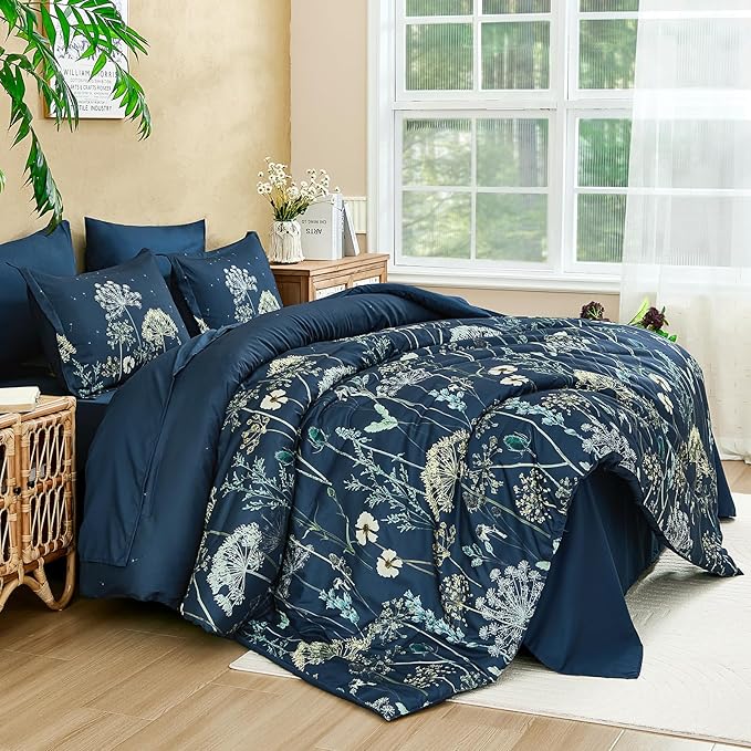 Yiran Navy Blue Floral Comforter Set Queen Size, 7 Piece Dandelion Botanical Spring Comforter Bedding Set, Bed in a Bag Queen, Soft Microfiber Complete Bedding Set with Sheets for All Season