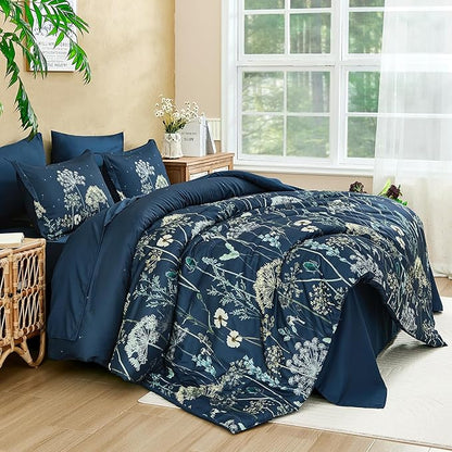 Yiran Navy Blue Floral Comforter Set Queen Size, 7 Piece Dandelion Botanical Spring Comforter Bedding Set, Bed in a Bag Queen, Soft Microfiber Complete Bedding Set with Sheets for All Season