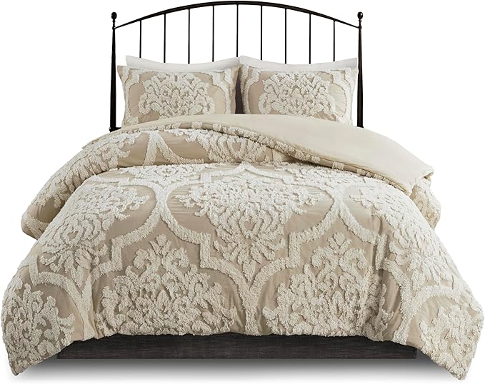 Madison Park Tufted Chenille Cotton Comforter All Season Bedding Set, Matching Shams, Full/Queen(90"x90"), Viola, Damask Taupe 3 Piece (MP10-7102)