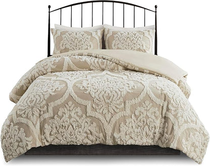 Madison Park Tufted Chenille Cotton Comforter, All Season Bedding Set, Matching Shams, Viola, Damask Taupe King/Cal King(104"x92") 3 Piece