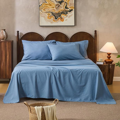 100% Linen Sheets California King Size,Breathable & Durable 4-Piece Bed Flax Sheet Set,Soft All-Season Bedding for Hot Sleepers 16" Deep Pocket Oeko-TEX Certified,（Cal King, Dusty Blue）