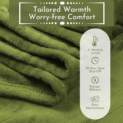 Electric Heated Blanket 84"x90" Queen Size Flannel Heated Blanket, Cozy & Warm for All Night, 5 Heat Settings & 10 Hours Auto Off, Machine Washable, Light Grass Green