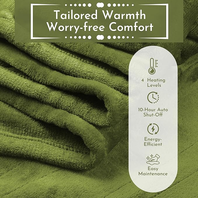 Electric Heated Blanket 72"x84" Full Size Flannel Heated Blanket, Cozy & Warm for All Night, 5 Heat Settings & 10 Hours Auto Off, Machine Washable, Light Grass Green