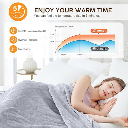 HYLEORY Heated Electric Blanket Throw, 2-Layer Cozy Warm Flannel 50" x 60", Heating Blanket with 9 Heating Levels, 2/4/6/10 Hours Auto Off, Fast Heating Winter Blanket, Light Grey