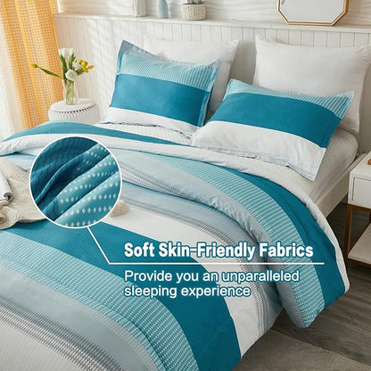 Litanika Teal California King Comforter Set - 3 Pieces Turquoise Cal King Oversized Lightweight Summer Colorblock Stripe Bedding Set (104x96In, 2 Pillowcases)