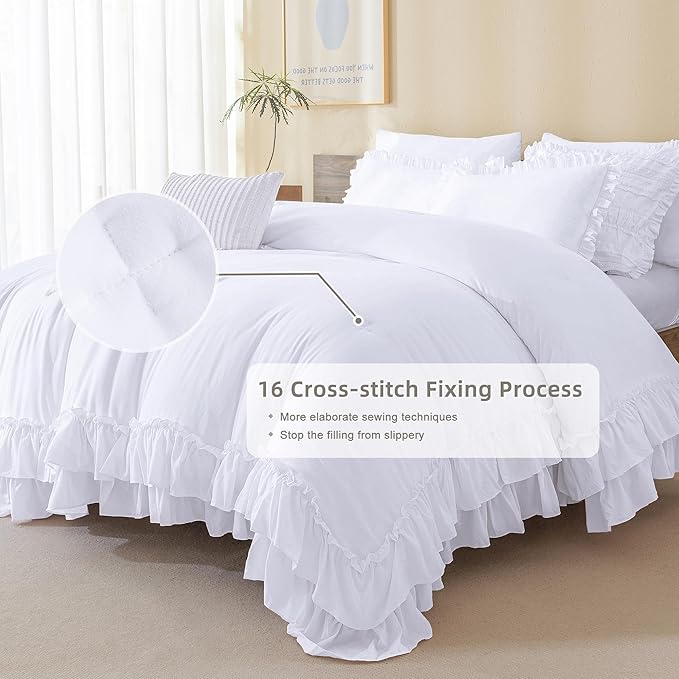 QSH White Ruffled Comforter Twin Size,3PCs Farmhouse Shabby Boho Chic White Bedding Comforter Twin Vintage Lightweight Fluffy Microfiber Bedding Set
