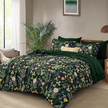 Yiran Queen Comforter Set 7 Piece, Dark Green Floral Bedding Set, Bed in a Bag Queen with Botanical Flowers Patterns, Soft Lightweight Complete Comforters with Sheets for All Season