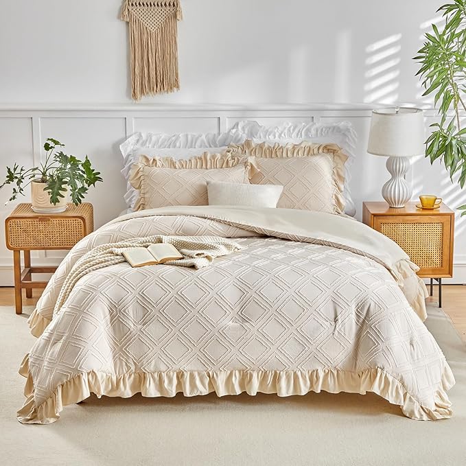 Flysheep Tufted Grids Ruffle Comforter Set Twin Size, 3 Pieces Beige Vintage Farmhouse Shabby Chic Comforters, Jacquard Boho Bohemian Bedding Set for Kids (1 Ruffled Comforter+ 2 Pillow Shams)