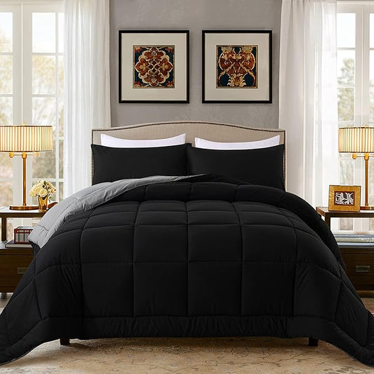 DOWNCOOL Queen Comforter Set -All Season Bedding Comforters Sets with 2 Pillow Cases-3 Pieces Bedding Sets Queen -Down Alternative Black/Grey Queen Size Comforter Sets(88"x92")