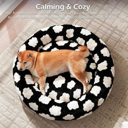 JOEJOY Donut Calming Small Dog Bed, Round Cat Beds for Indoor Cats with Removable Washable Cover, 23In Orthopedic Cute Puppy Kitten Pet Bed with Jacquard Shaggy Plush & Non Skid Bottom, Black