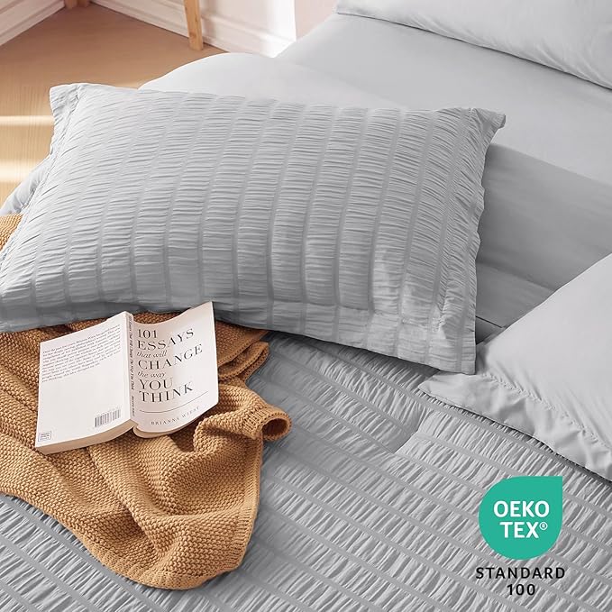 MUXHOMO 5 Pieces Twin XL Comforter Set, Seersucker Bed in a Bag Twin XL Size, All Season Luxury Bedding Set with Comforter, Flat Sheet, Fitted Sheet, Pillowcase & Sham, Light Grey