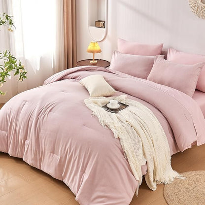 DECMAY Full Comforter Set with Sheets, 7 Pieces Pink Full Bedding Set, Cationic Dyeing Bed in a Bag with Comforter, Flat Sheet, Fitted Sheet, Pillowcase and Pillow Sham (Full, Pink) | full comforter set, full bedding set, full bed set