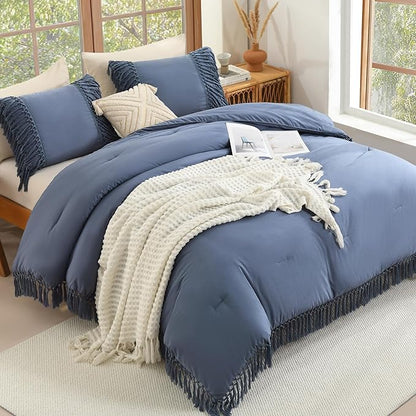 Andency Bluish Grey Comforter Set California King, 3 Pieces Boho Cal King Tassel Lightweight Soft Bedding Comforter Sets, Oversized Bed Set (104x96In Comforter & 2 Pillowcases)