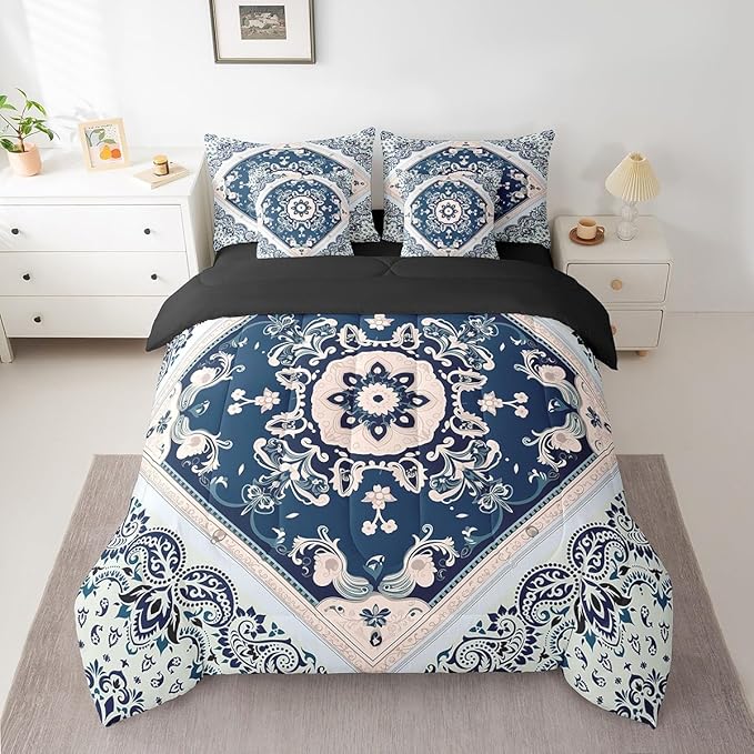 Erosebridal Oriental Comforter Set Vintage Bedding Comforter Sets 7pcs, Art Deco Floral Bed in a Bag Traditional Aesthetic Full Bedding Sets Boho Tribal Bedding Sets, Hippie Mandala Paisley Decor Navy