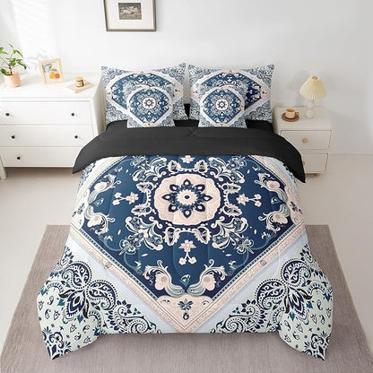 Erosebridal Oriental Comforter Set Vintage Bedding Comforter Sets 7pcs, Art Deco Floral Bed in a Bag Traditional Aesthetic Full Bedding Sets Boho Tribal Bedding Sets, Hippie Mandala Paisley Decor Navy