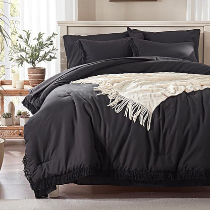 Anluoer Queen Comforter Set 7 Piece with Sheets-Black Boho Bed in a Bag with Tassel Lightweight Soft Bedding Sets with 1 Comforter, 2 PillowShams, 2 Pillowcases, 1 Flat Sheet, 1 Fitted Sheet
