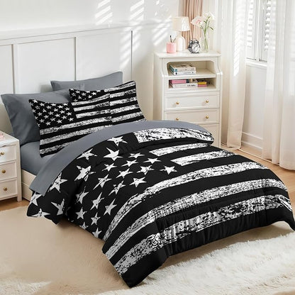Nesker 7 Pcs Comforter Set Queen Size, Black White USA American Flag Bedding Set for Kids and Adults, Vintage Stars Stripes Flags Boys Sheets Bed Sheet Sets with Fitted Sheet 2 Pillowcases & 2 Shams