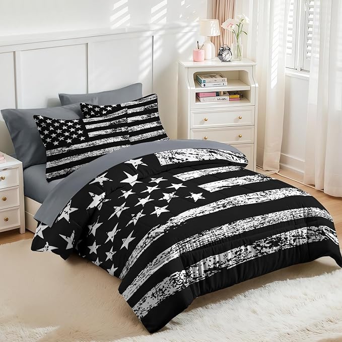 Nesker 7 Pcs Comforter Set Full Size, Black White USA American Flag Bedding Set for Kids and Adults, Vintage Stars Stripes Flags Boys Bed Sheet Sets with Fitted Sheet 2 Pillowcases & 2 Shams