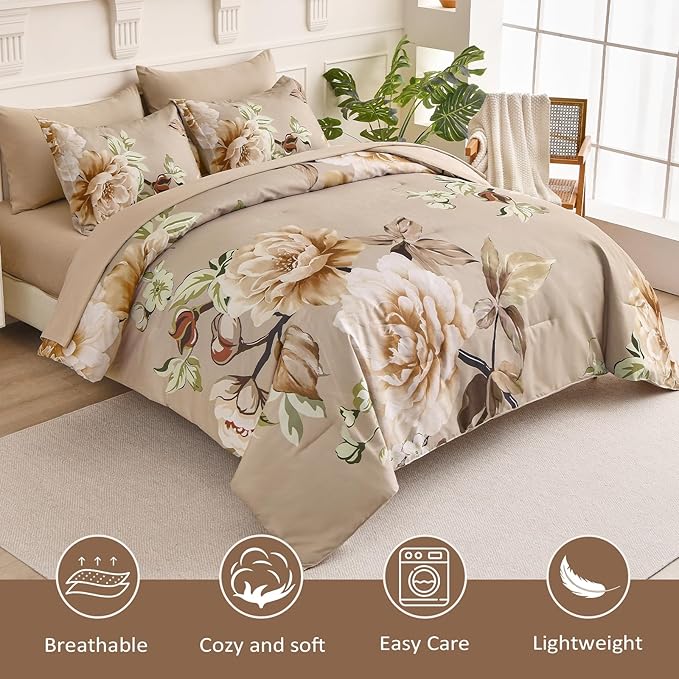 Drucon Floral Comforter Set Queen Size 7 Pieces Bed in a Bag, Khaki Floral Bedding Set, Soft Microfiber Comforter and Sheet Set for All Season (Queen, 90"x90")