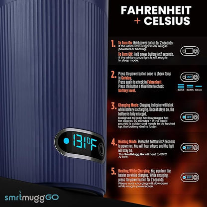 GO Heated Coffee Mug, Travel Mug, 13.5 OZ. Smart Mug, Battery Powered Heated Coffee Mug, Great for Coffee and Tea, Snap on Magnetic Charging Cord, New and Improved (Navy Blue)