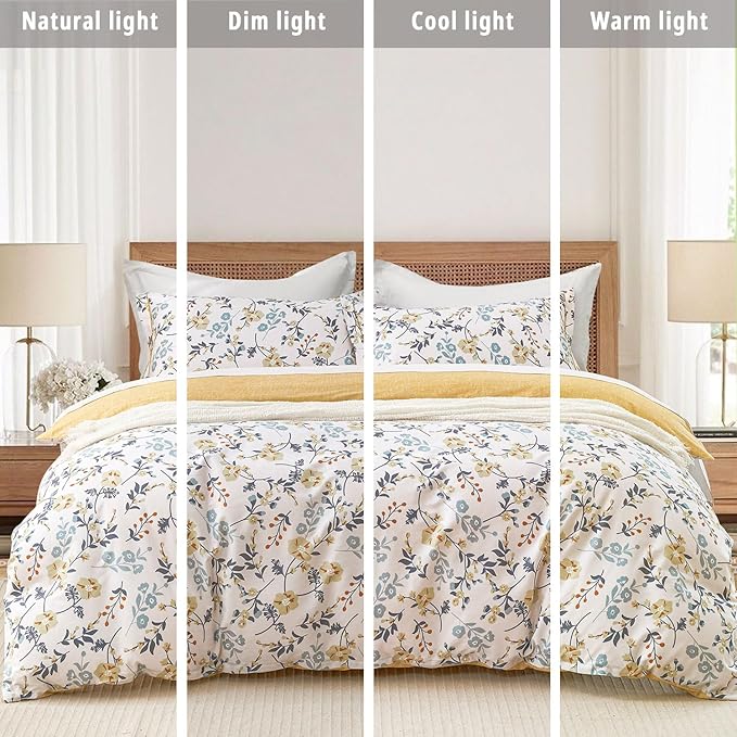 Yellow Floral Cotton Comforter Queen Size - Refreshing Design with Blue, Orange & Slate Gray Botanical Pattern on Off White,3PC Lightweight Bedding Set with Ultra-Soft Alternative Fill (Queen)