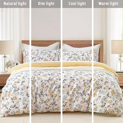 Yellow Floral Cotton Comforter Queen Size - Refreshing Design with Blue, Orange & Slate Gray Botanical Pattern on Off White,3PC Lightweight Bedding Set with Ultra-Soft Alternative Fill (Queen)