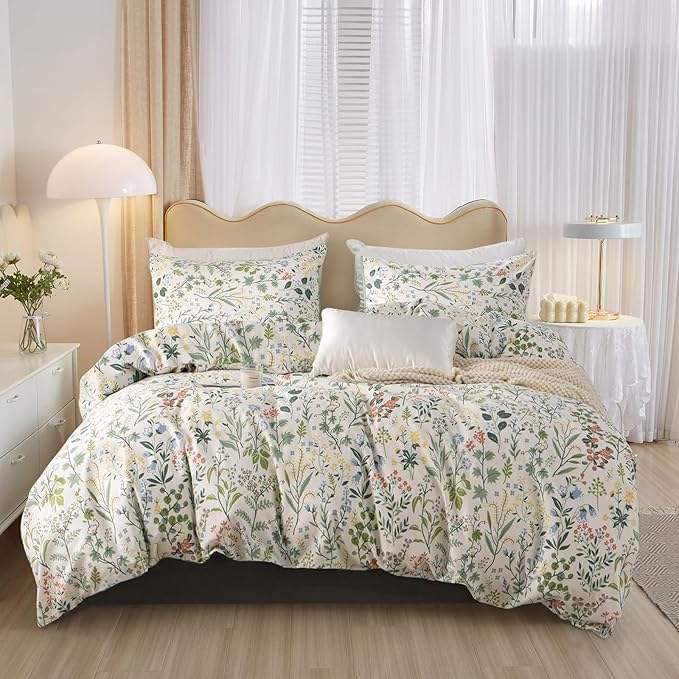mixinni Fresh Soft Aesthetic Green Floral Comforter Set Full Size, Boho Cottagecore Wildflowers Leaves Bedding Set, 1 Shabby Chic Comforter and 2 Pillowcases for All Seasons-Full Size