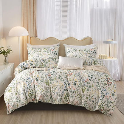 mixinni Fresh Soft Aesthetic Green Floral Comforter Set Queen Size, Boho Cottagecore Wildflowers Leaves Bedding Set, 1 Shabby Chic Comforter and 2 Pillowcases for All Seasons-Queen Size