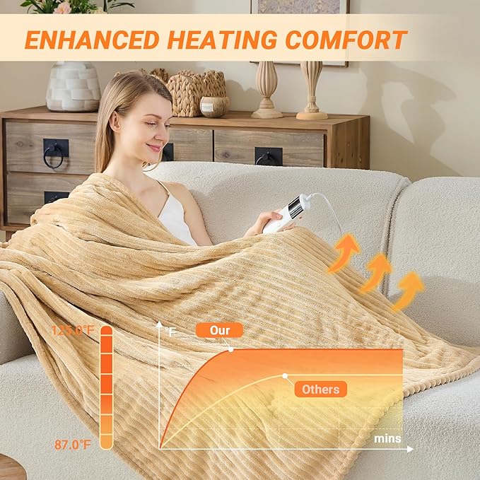 Heated Blanket Electric Full, Soft Flannel Heating Blanket with 8 Hours Auto Off 10 Fast Heating Levels Machine Washable Sherpa Heated Blanket with Overheating Protection