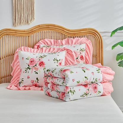 Flower Comforter Set Twin Size 68 * 86in - White Pink Floral with Green Leave Style -3 Pieces Shabby Chic Farmhouse Bedding with Ruffled Fringe Rustic Lightweight Fluffy Ruffle Comforter with Shams